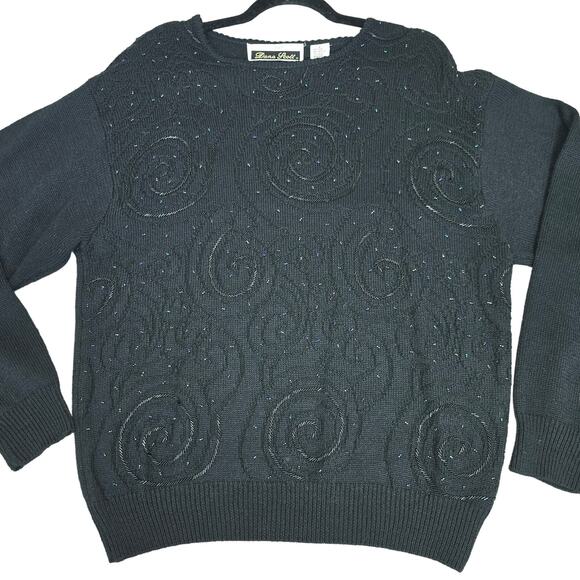 VTG Dana Scott Sweater Womens Large Black Iridescent Beaded Swirl Silk Wool Knit - Picture 8 of 11